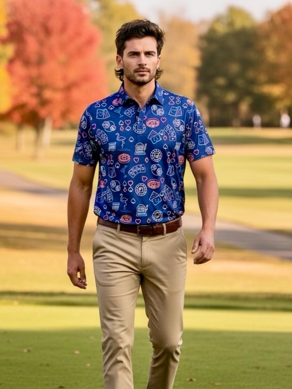 BirdieBound Men’s Medium Golf Polo – Navy Novelty Print, Performance Stretch